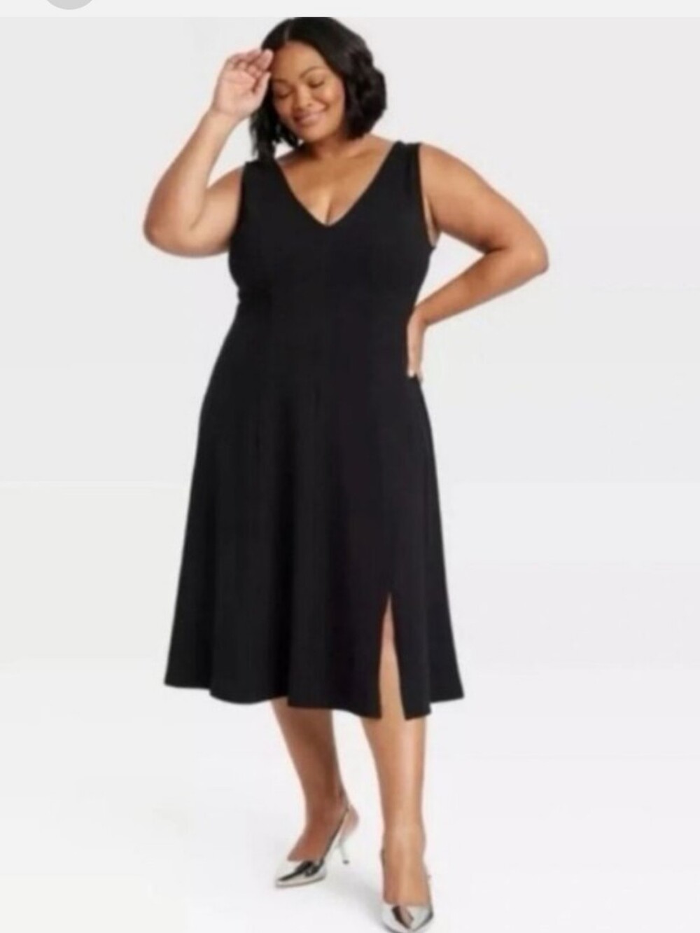 Ava & Viv Black V-Neck Sleeveless Front Slit Fit Flare Cotton Midi XXL
